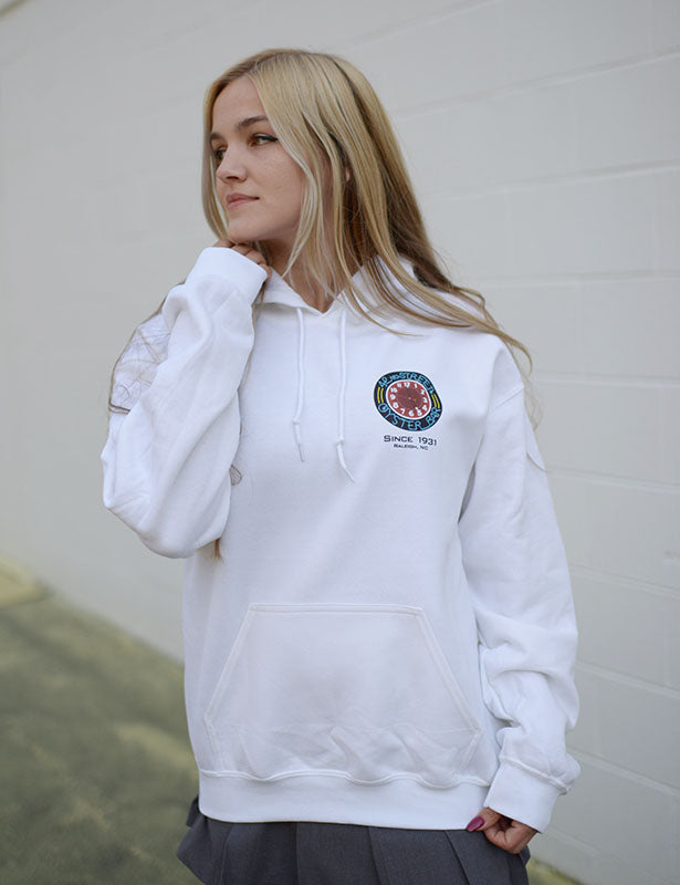 42nd St Oyster Bar Adult Heavy Blend Hoodie - White with Clock Print