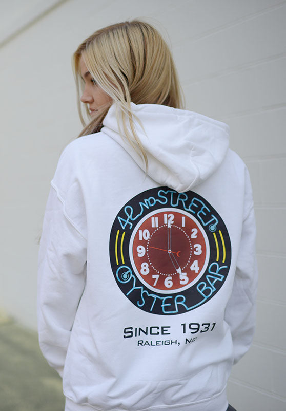 42nd St Oyster Bar Adult Heavy Blend Hoodie - White with Clock Print