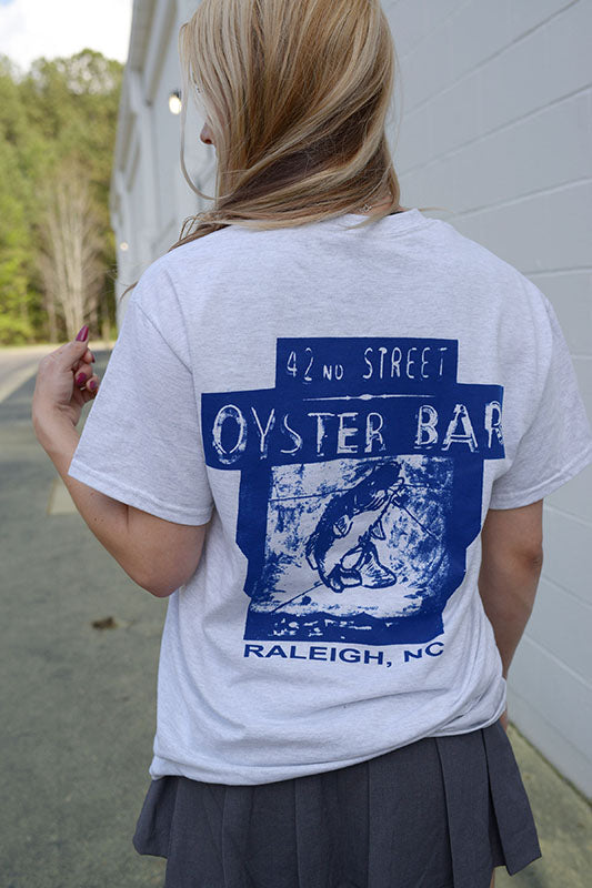 Short Sleeve Hanes Beefy Fish Print T - Ash with Navy Print
