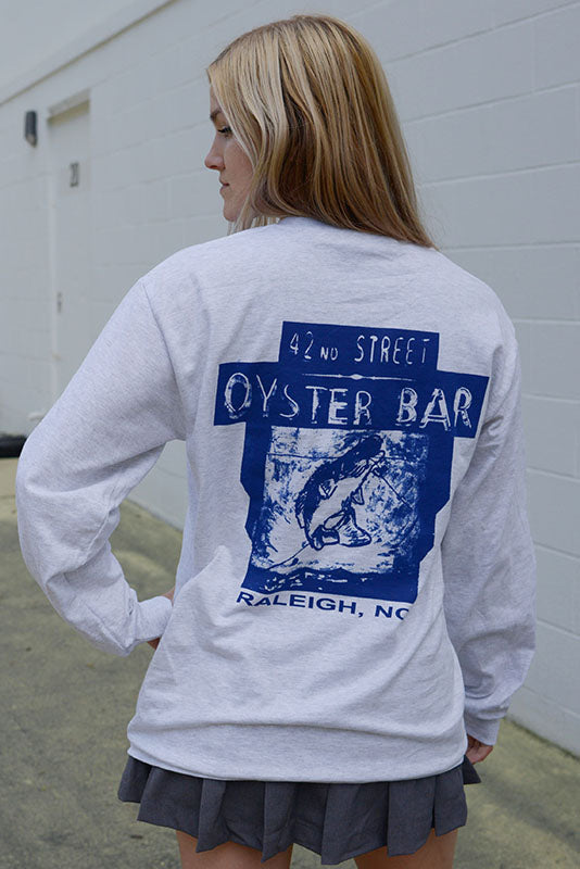 42nd Street Oyster Bar Long Sleeve Beefy T - Ash with Navy Fish Print