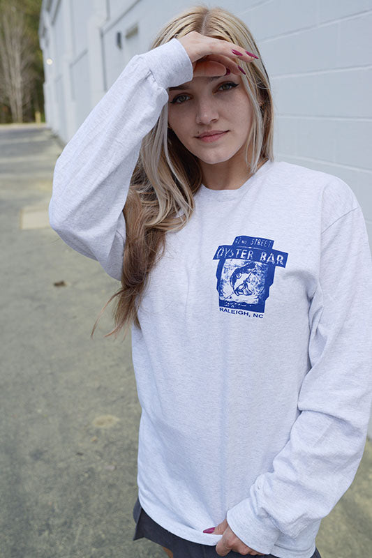 42nd Street Oyster Bar Long Sleeve Beefy T - Ash with Navy Fish Print