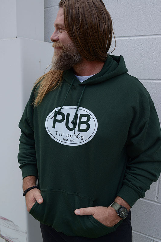 Tir Na Nog PUB Hoodie - Forest Green with White Print